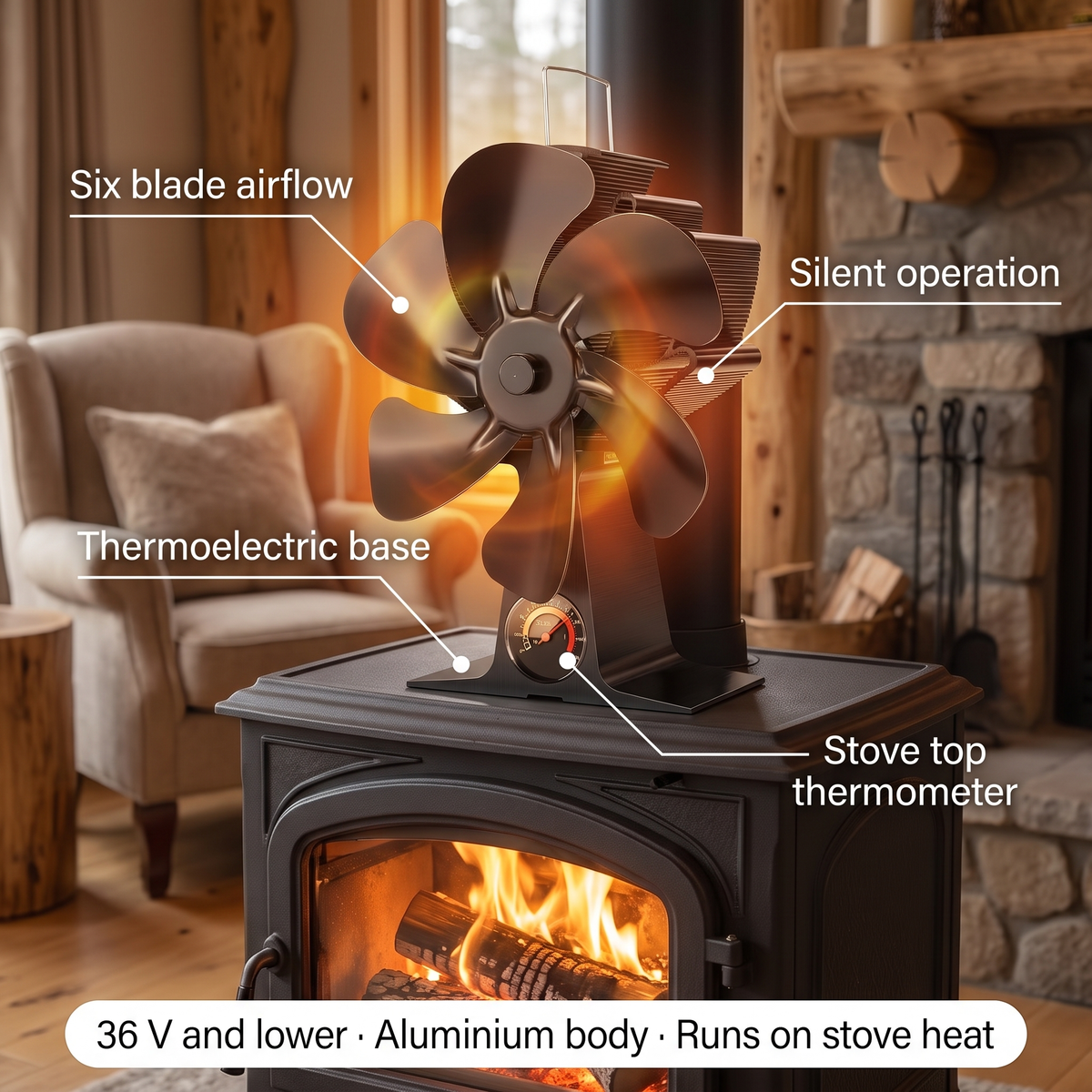 Power-free fireplace fan - heat-powered, aluminum, 6 blades