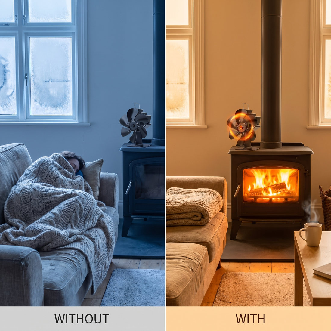 Power-free fireplace fan - heat-powered, aluminum, 6 blades