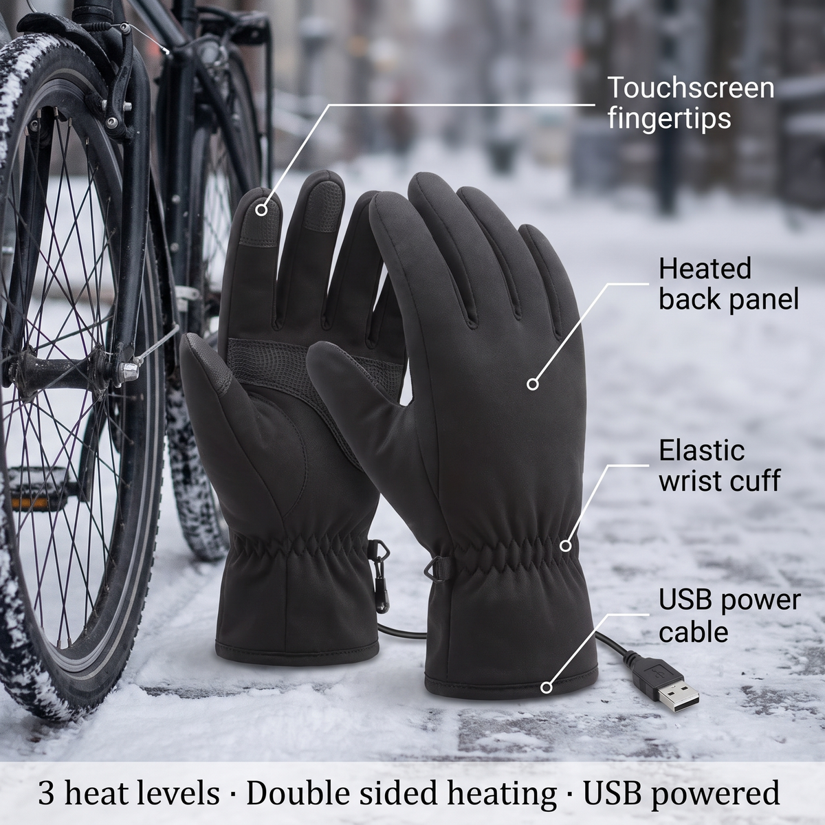 USB heated gloves - touchscreen, 3 heating levels