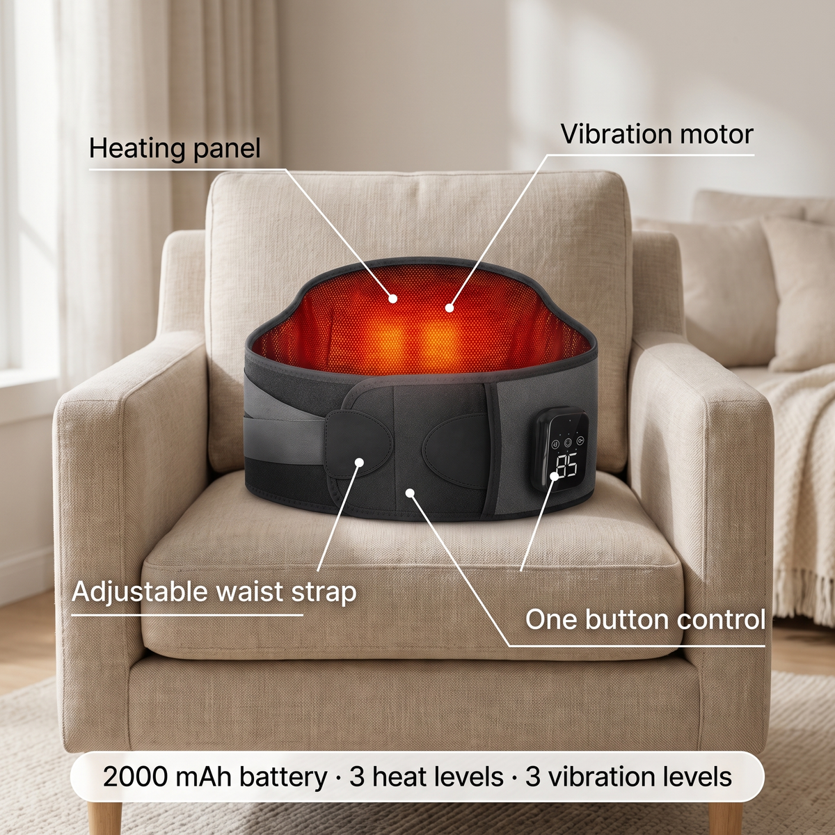 Wireless heating belt 2000 mAh - vibration massage, 3 levels