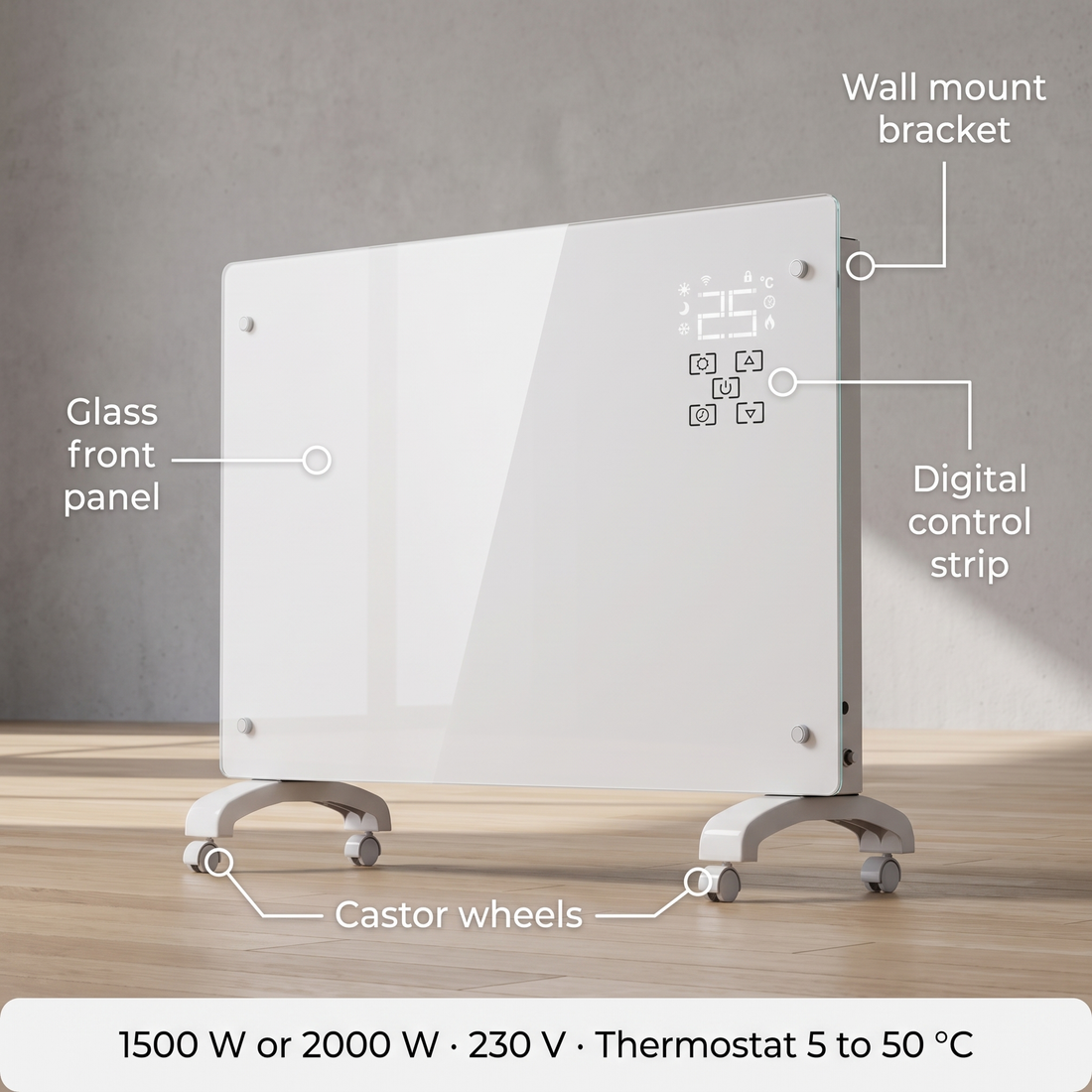 Glass heater 1500/2000 W - convector with thermostat, WiFi, wheels