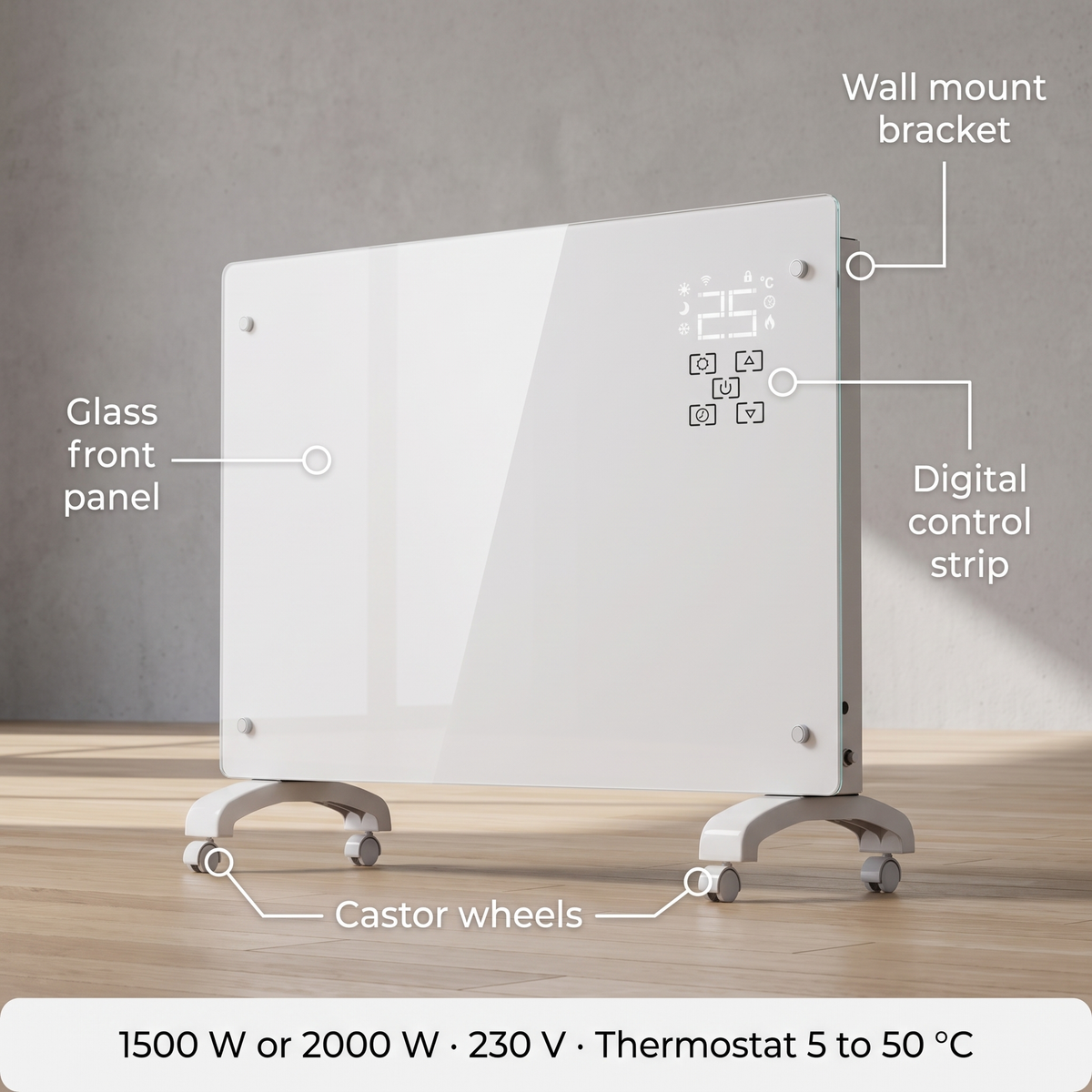 Glass heater 1500/2000 W - convector with thermostat, WiFi, wheels