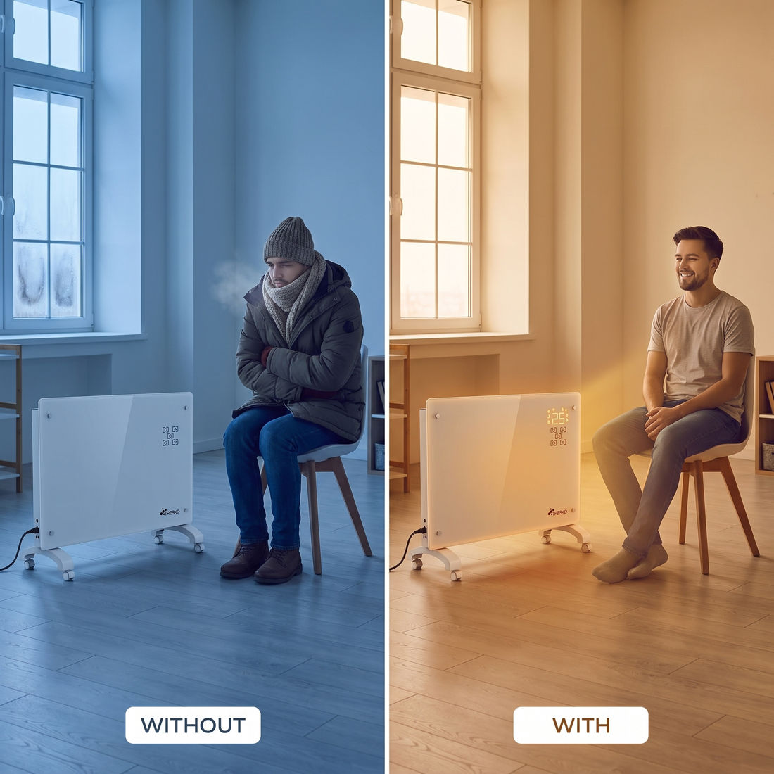 Glass heater 1500/2000 W - convector with thermostat, WiFi, wheels