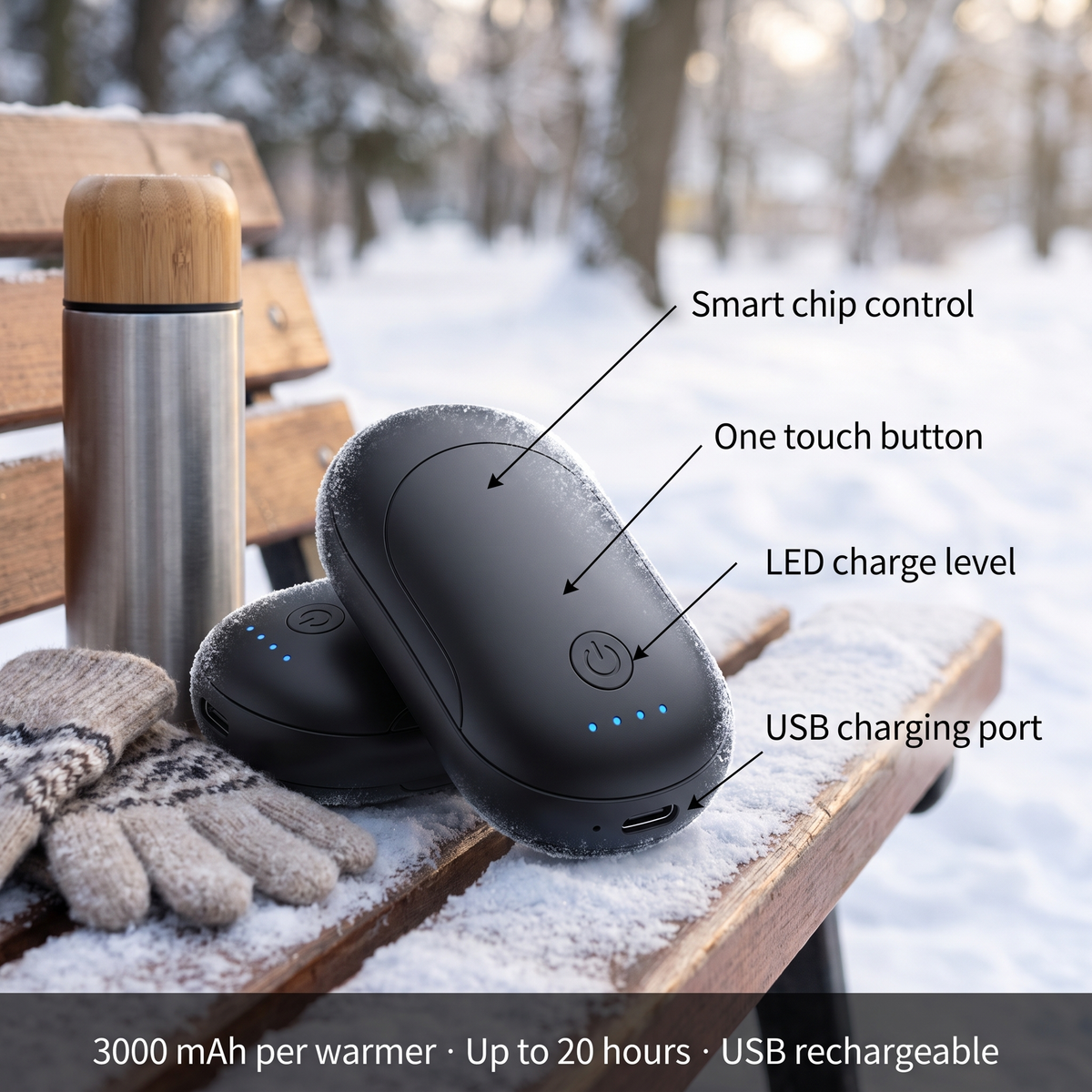Hand warmers, 2 pcs, 3000 mAh - USB charging, 3 levels, up to 20 h