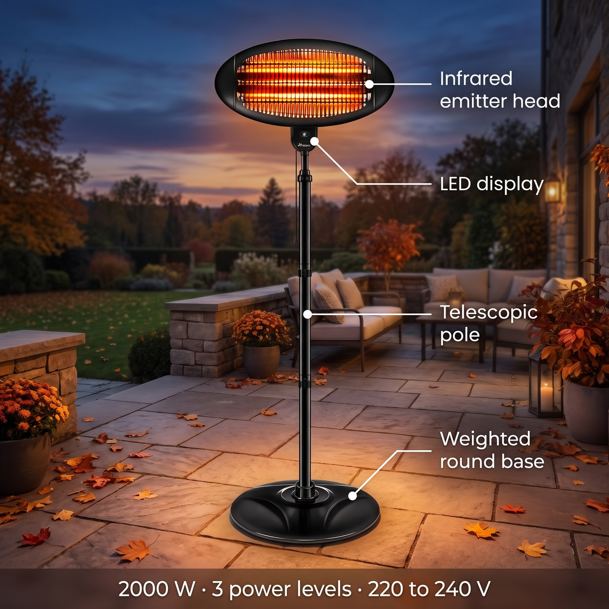 2000 W patio heater, freestanding - 3 levels, LED display