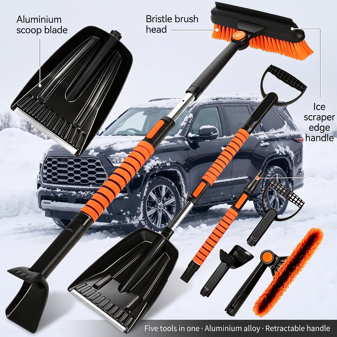 5-in-1 car snow removal set - aluminum telescopic handle, D-handle