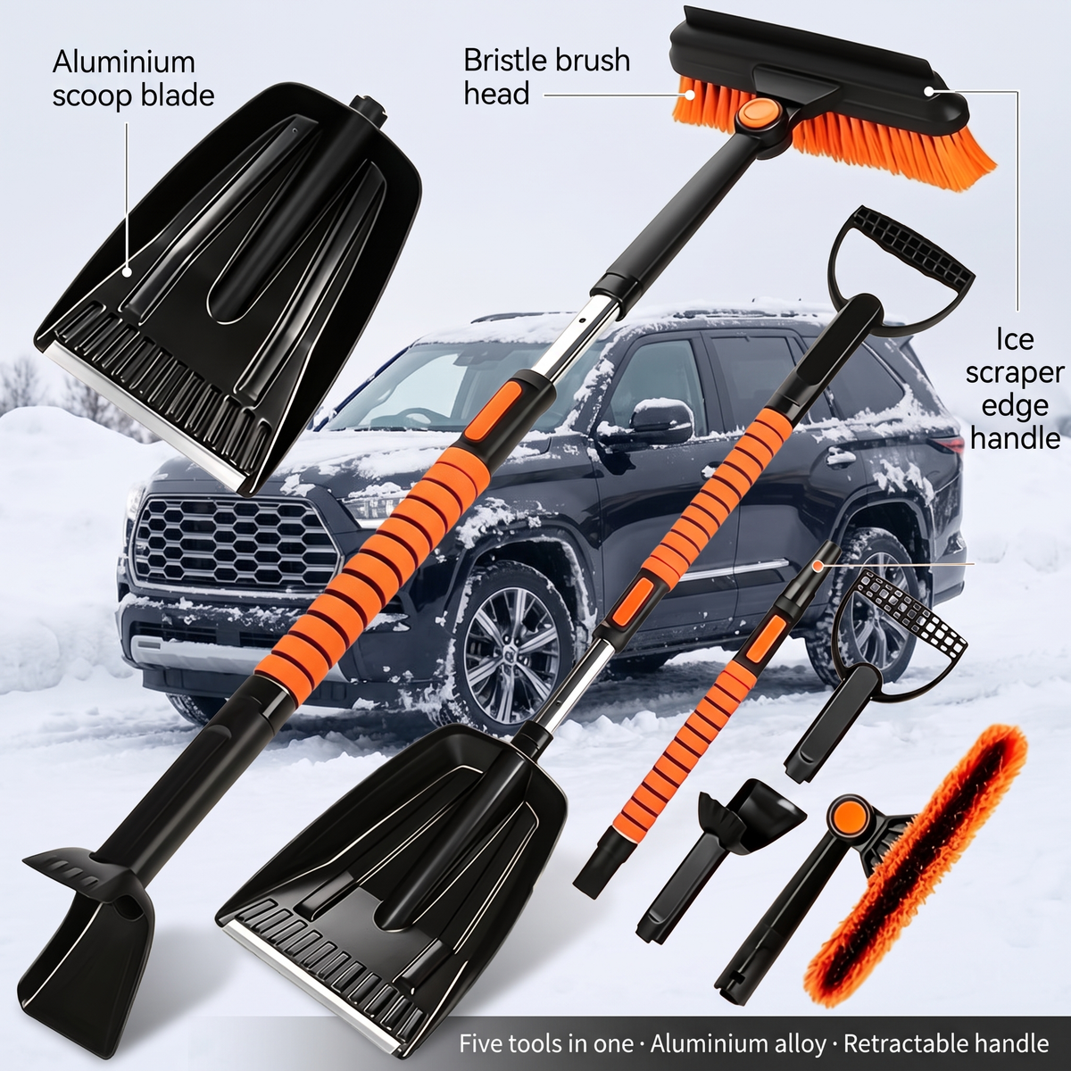 5-in-1 car snow removal set - aluminum telescopic handle, D-handle