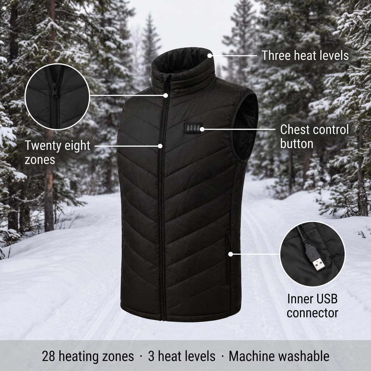 Men's heated vest, 28 zones - 3 levels, USB-powered