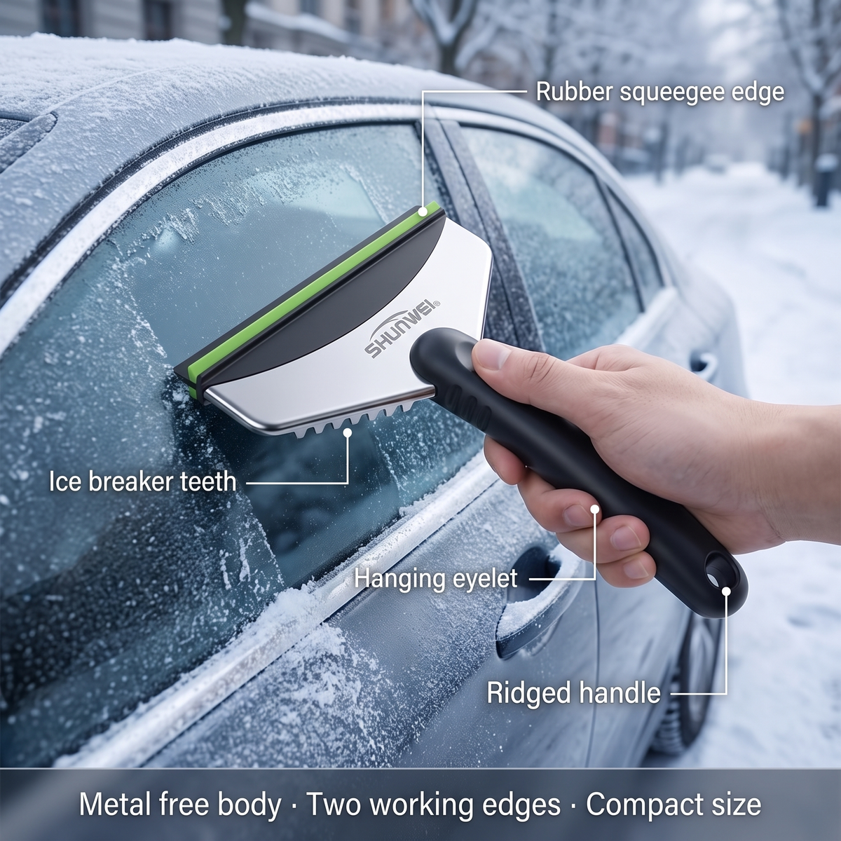 2-in-1 car window scraper with squeegee - compact, with hanging loop
