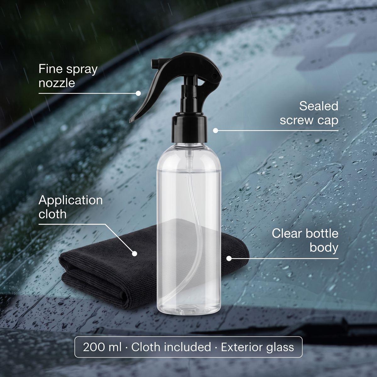 Spray hydrofobowy do szyb i lusterek 200 ml - w zestawie ściereczka