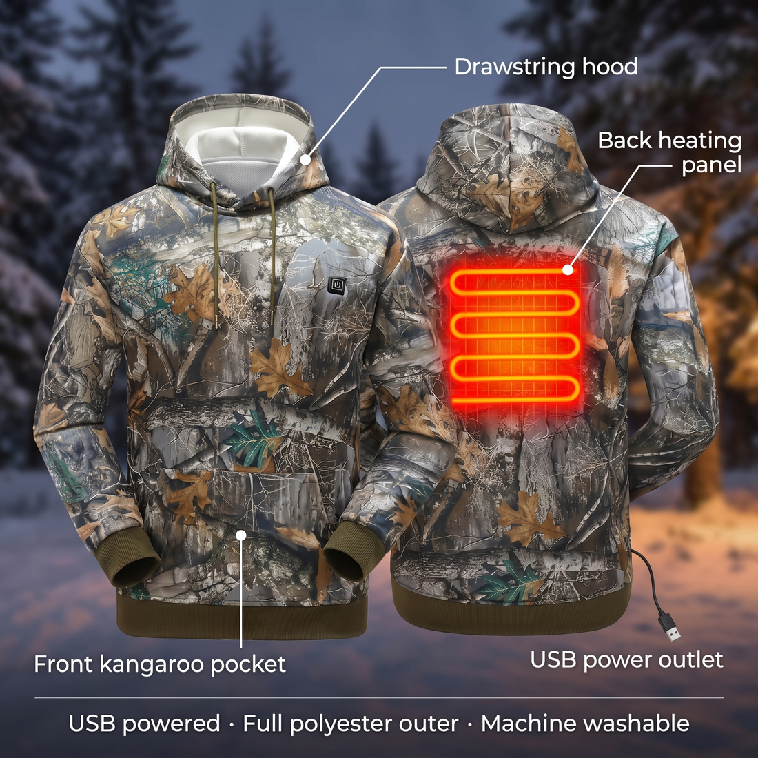 Heated hooded sweatshirt, 7 zones - camouflage, USB-powered, unisex