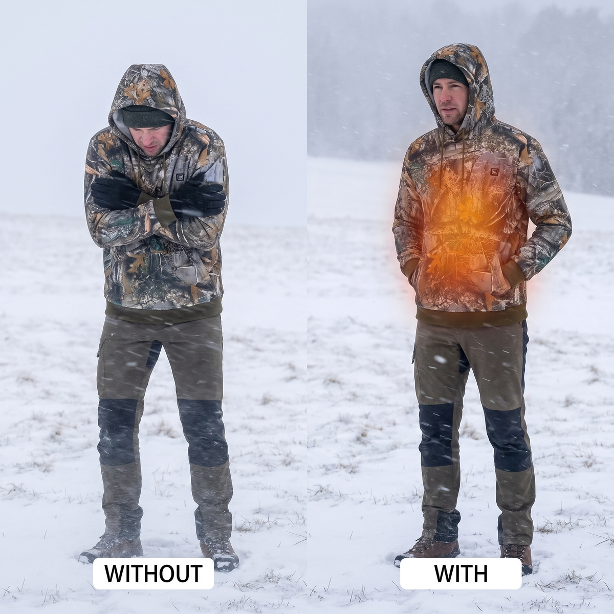 Heated hooded sweatshirt, 7 zones - camouflage, USB-powered, unisex