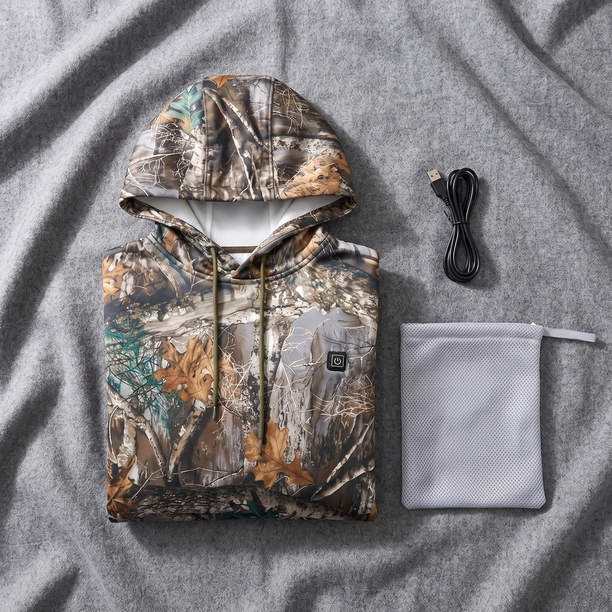 Heated hooded sweatshirt, 7 zones - camouflage, USB-powered, unisex
