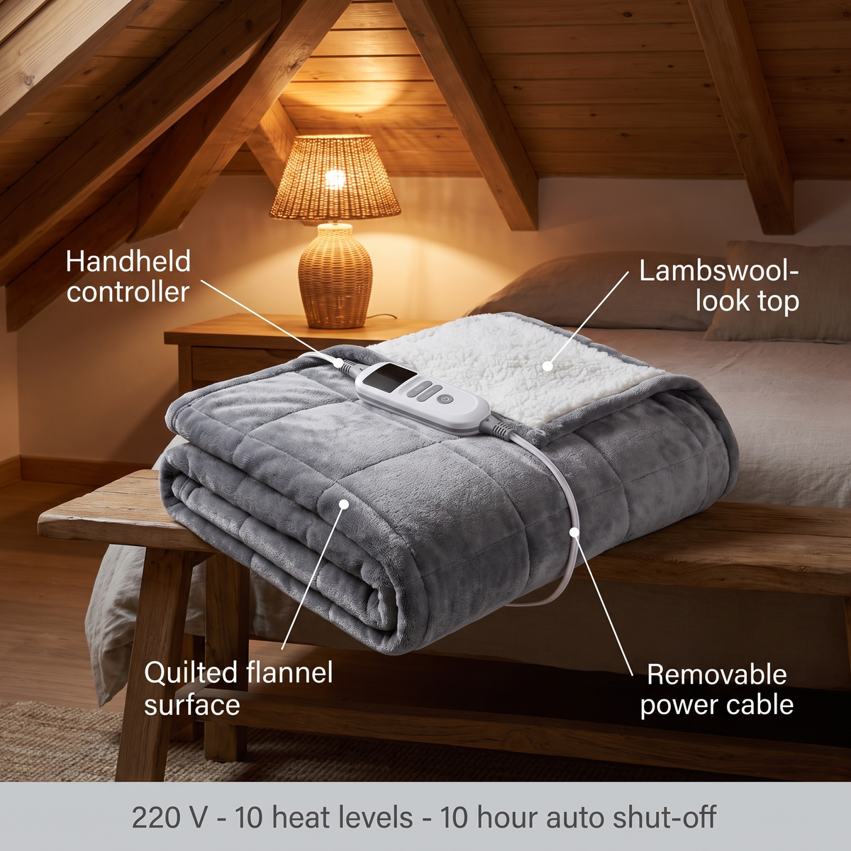 Flannel electric blanket with sherpa lining - 10 heat levels and timer