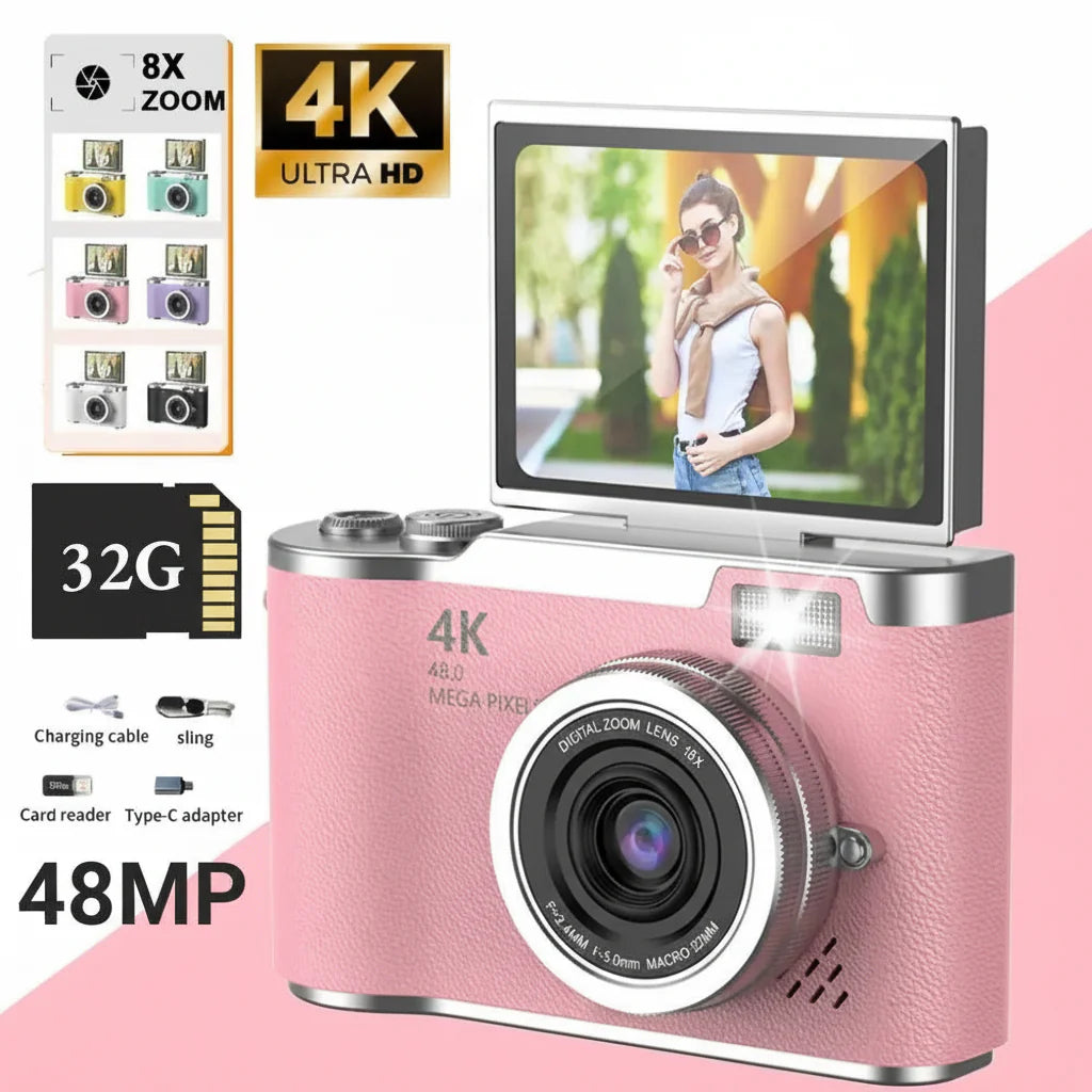 4K Digital Camera | 48MP Sensor, 8x Zoom, 180° Tilting Screen, Compact for Photos and Videos