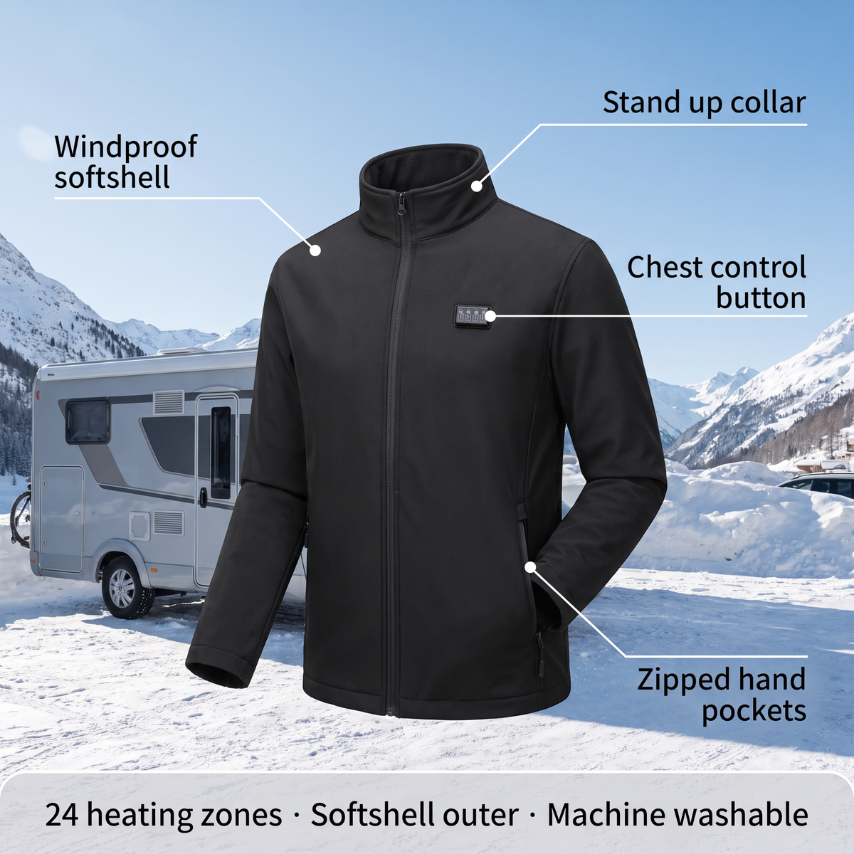 Men's heated jacket, 24 zones - hood, 3 heat levels, USB