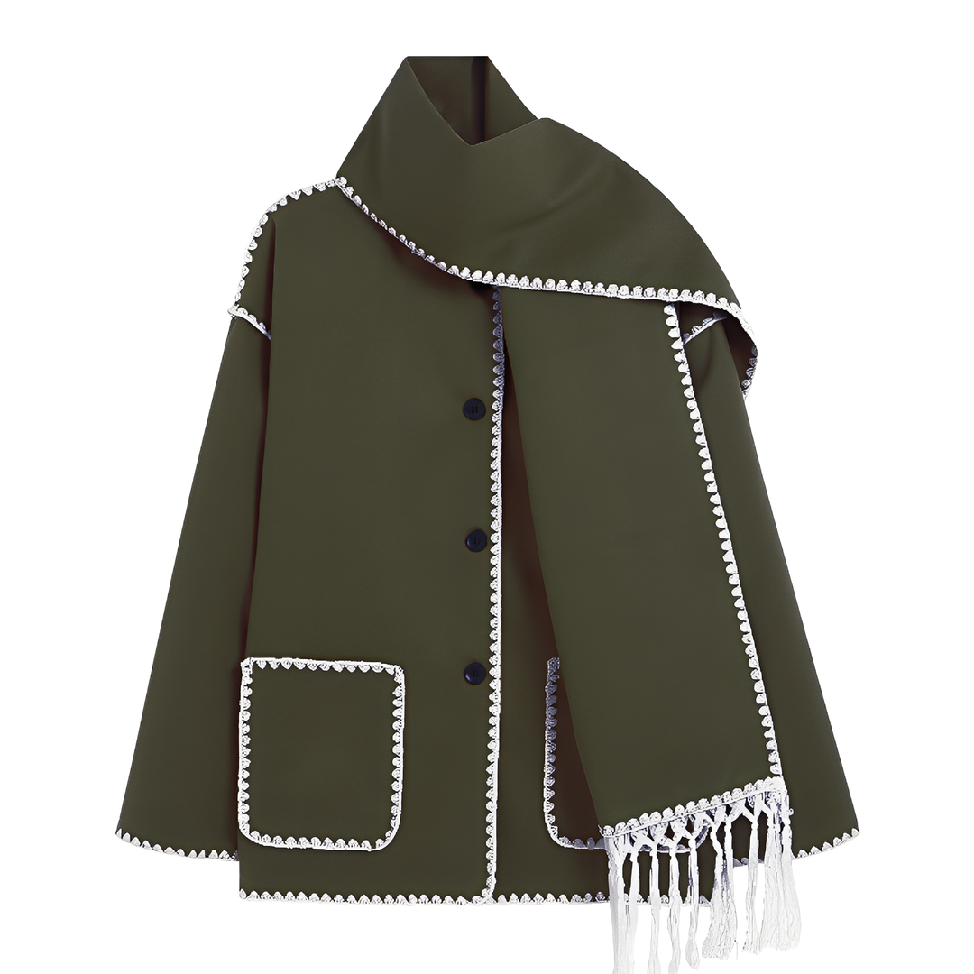 Wełniana kurtka z dołączonym szalikiem zapinana na guziki