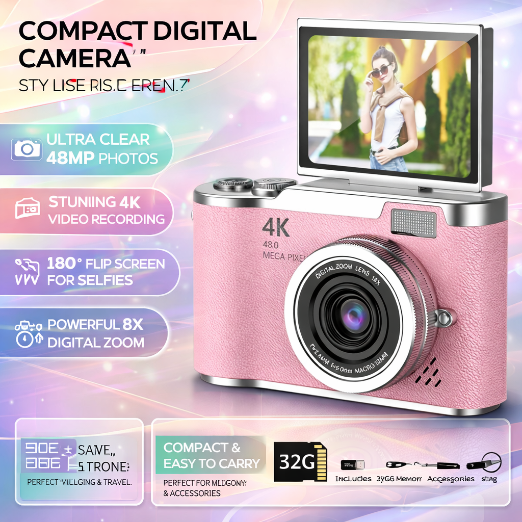4K Digital Camera | 48MP Sensor, 8x Zoom, 180° Tilting Screen, Compact for Photos and Videos