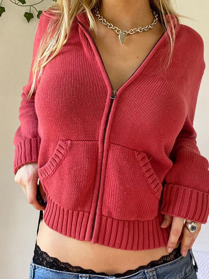 Damski Jednokolorowy Krótki Kardigan | Z Kapturem