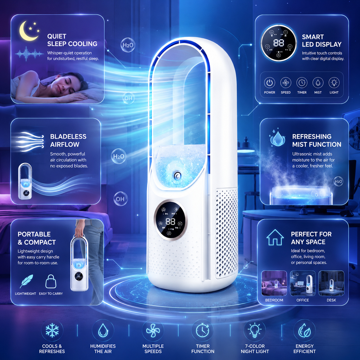 Blade-free portable air conditioner | quiet, sleep mode, 24h timer, for bedroom and office