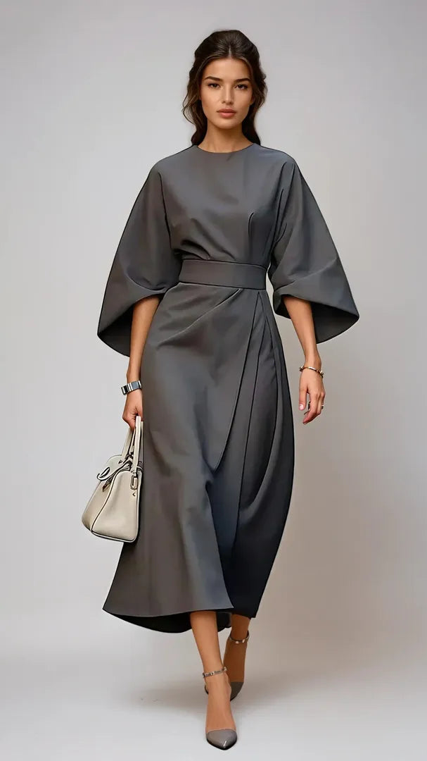 Sukienka Midi Z Szerokimi Rękawami I Paskiem – Zwiewna Sukienka