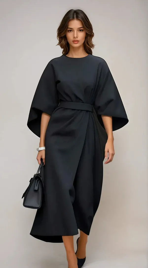 Sukienka Midi Z Szerokimi Rękawami I Paskiem – Zwiewna Sukienka