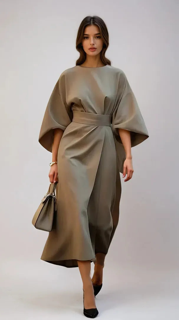 Sukienka Midi Z Szerokimi Rękawami I Paskiem – Zwiewna Sukienka