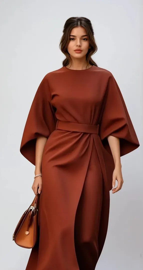 Sukienka Midi Z Szerokimi Rękawami I Paskiem – Zwiewna Sukienka