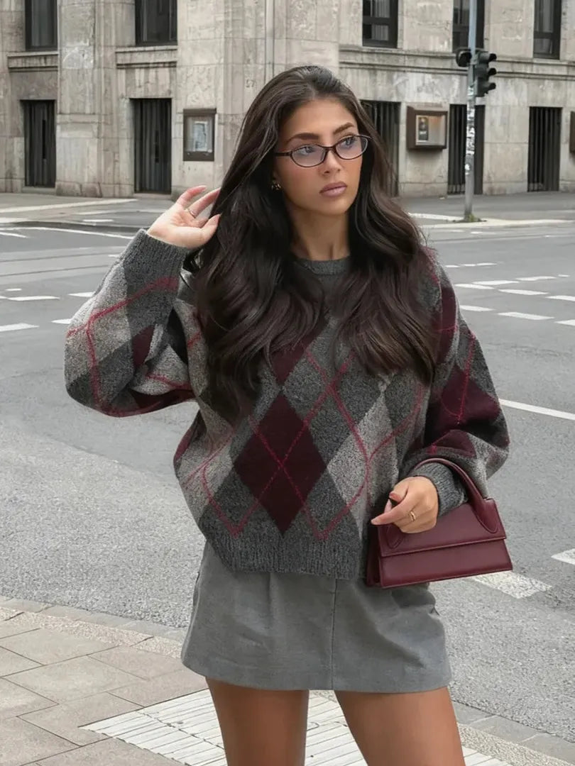 Damski sweter dzianinowy w romby (argyle)