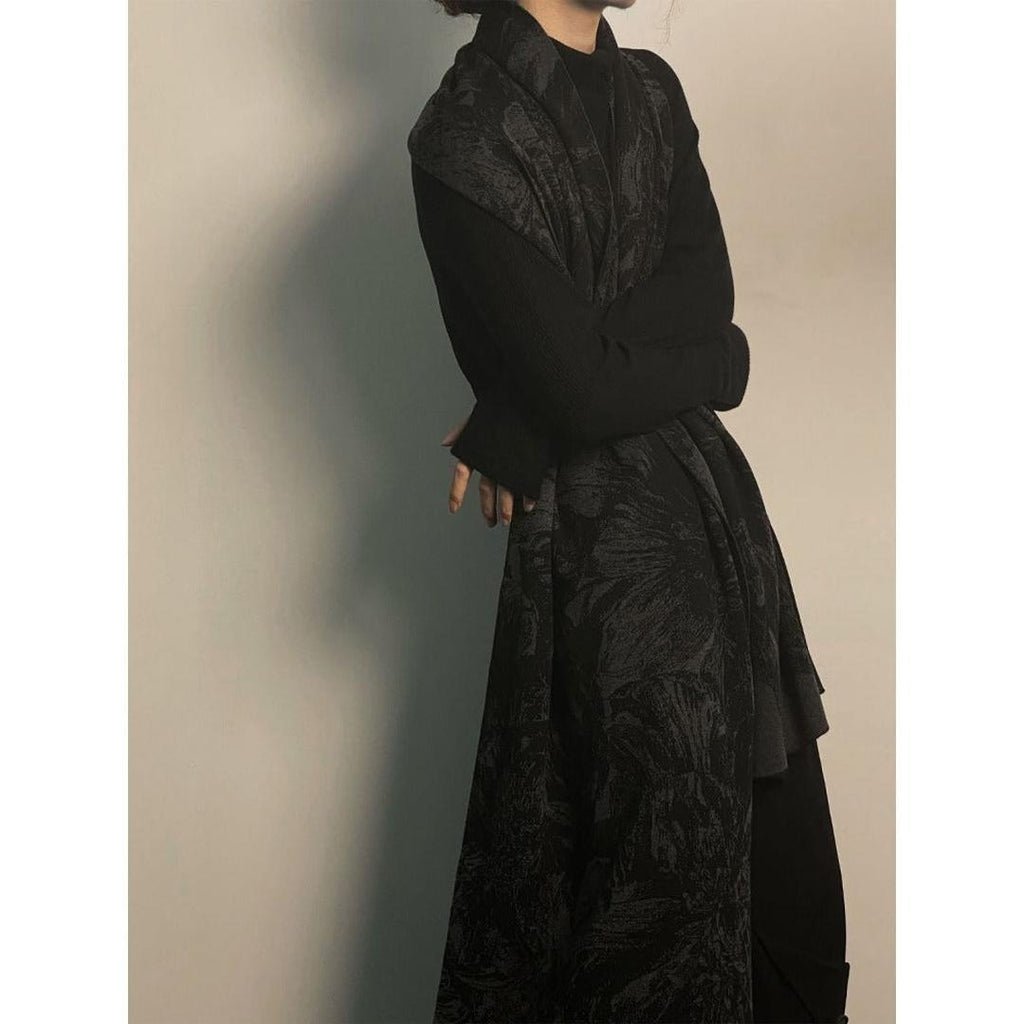 Czarny Zimowy Szal Dla Kobiet | Kwiatowy Wzór