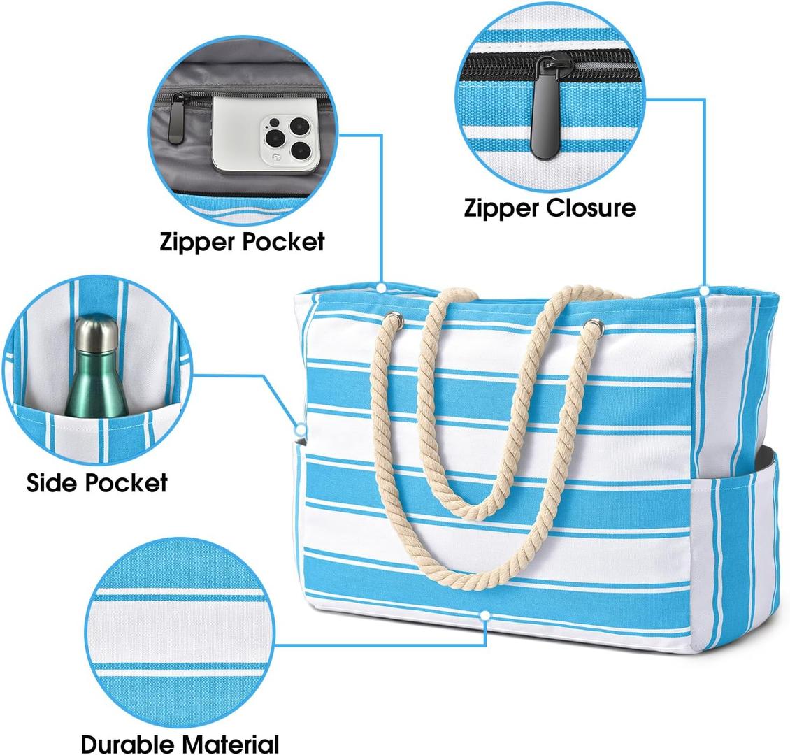 Oversize’owa, pasiasta torba plażowa z uchwytami z liny