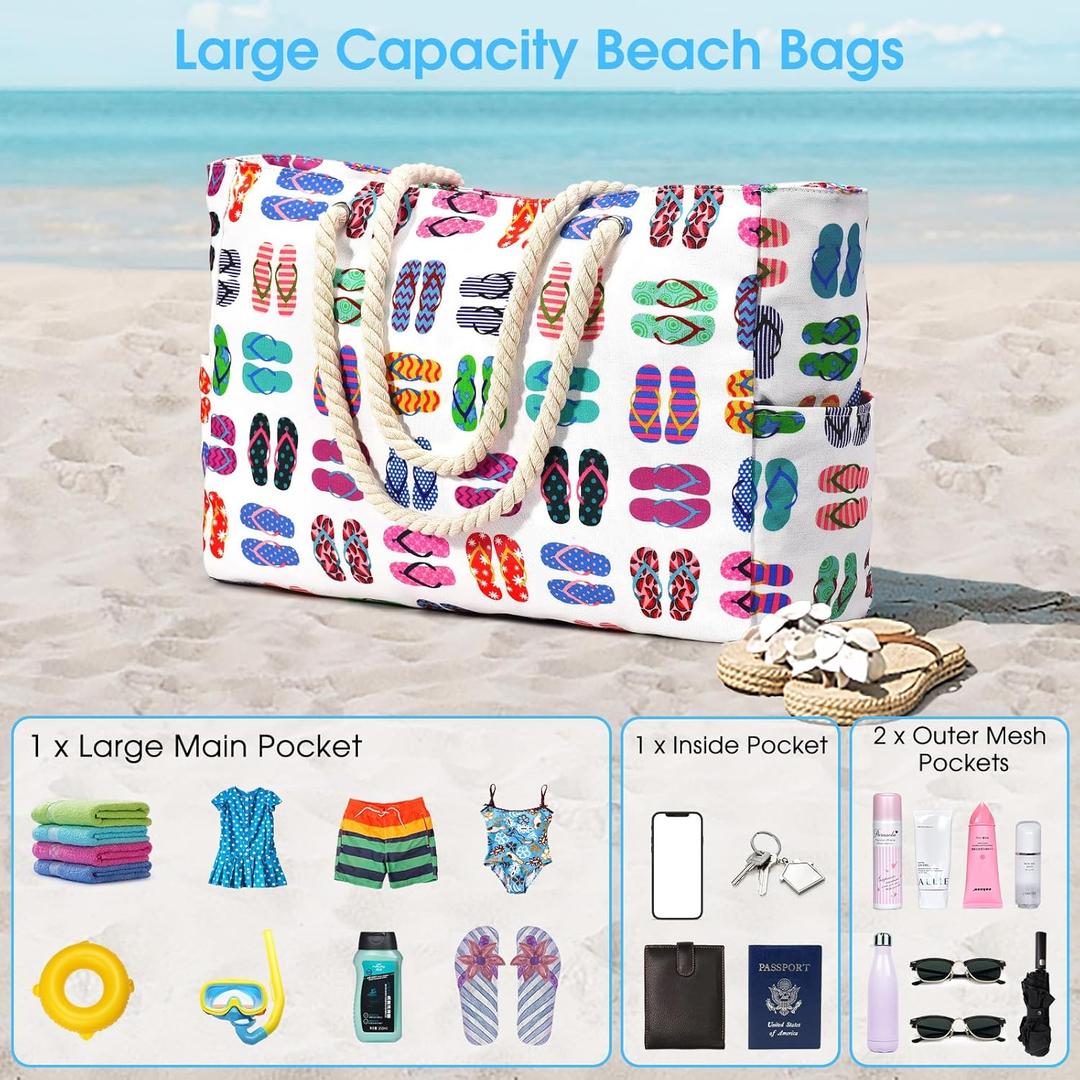 Oversize’owa, pasiasta torba plażowa z uchwytami z liny