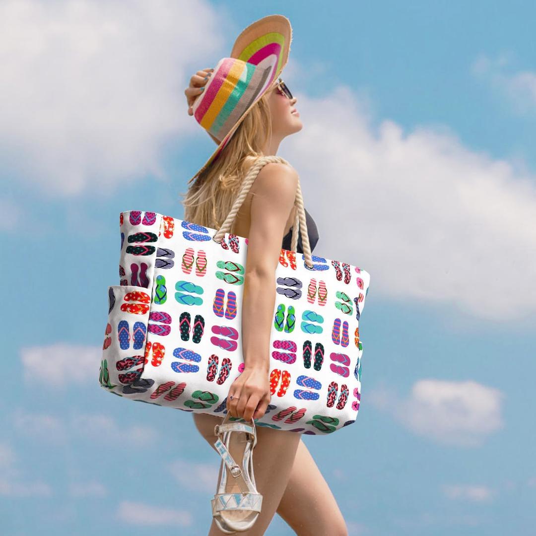 Oversize’owa, pasiasta torba plażowa z uchwytami z liny