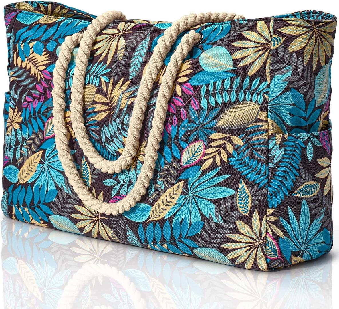 Oversize’owa, pasiasta torba plażowa z uchwytami z liny