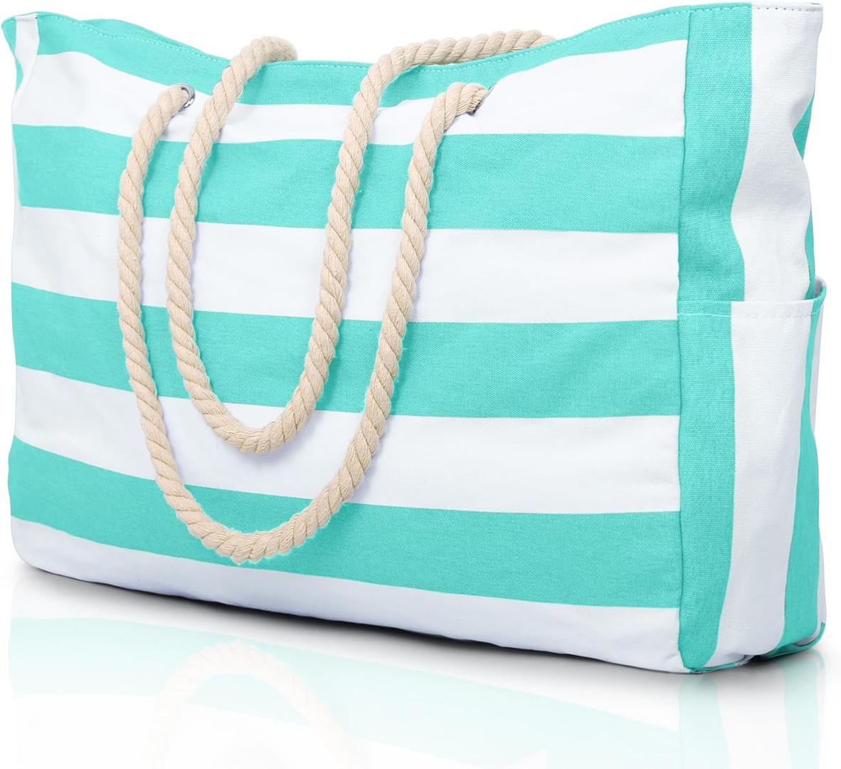 Oversize’owa, pasiasta torba plażowa z uchwytami z liny