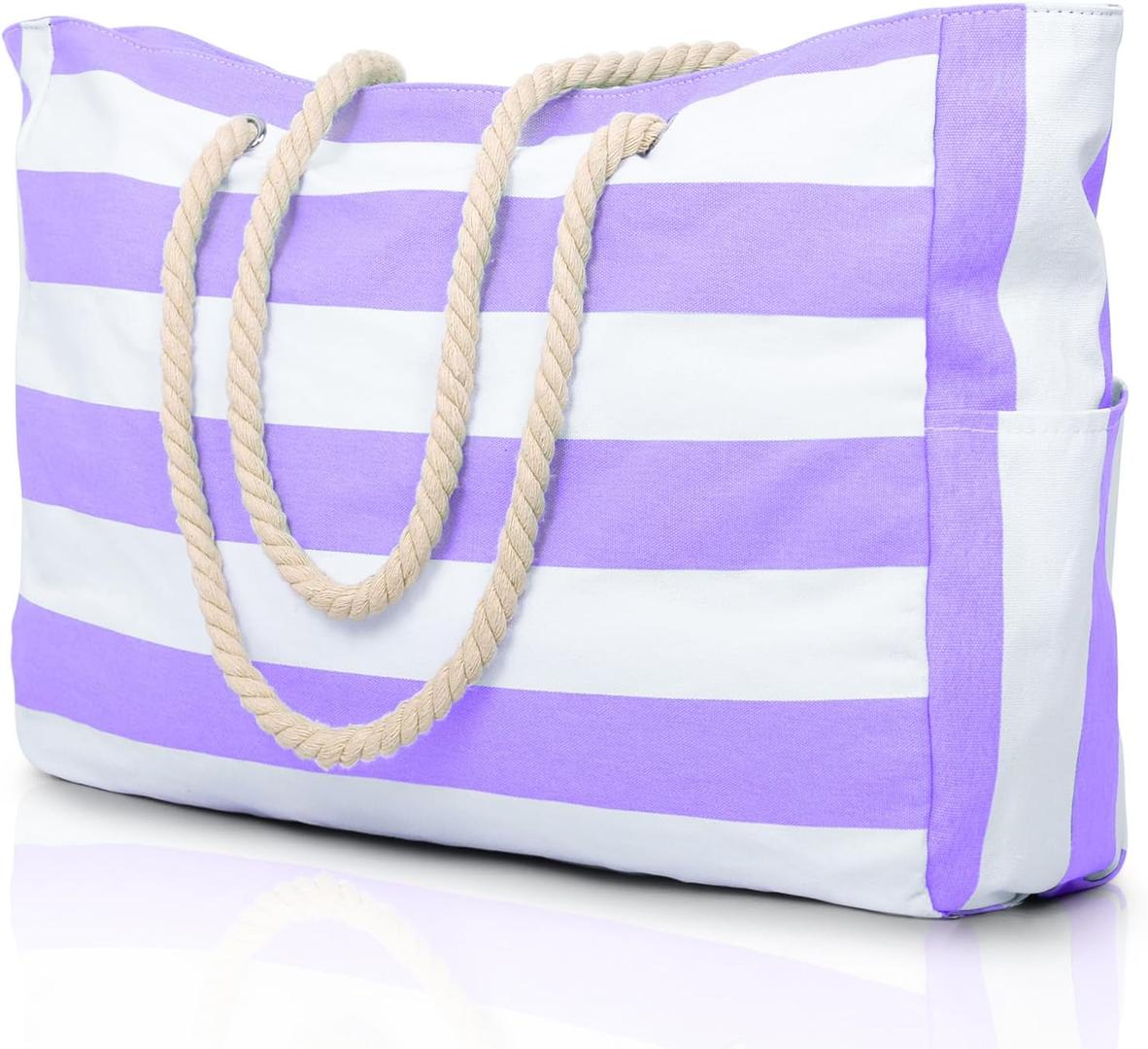 Oversize’owa, pasiasta torba plażowa z uchwytami z liny