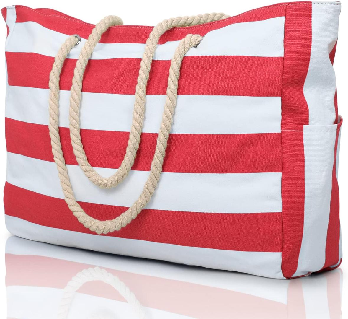 Oversize’owa, pasiasta torba plażowa z uchwytami z liny