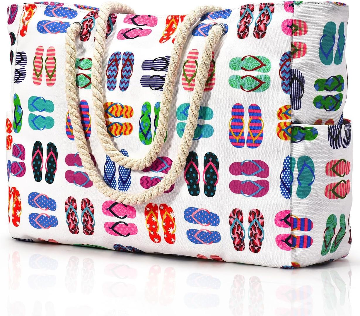 Oversize’owa, pasiasta torba plażowa z uchwytami z liny