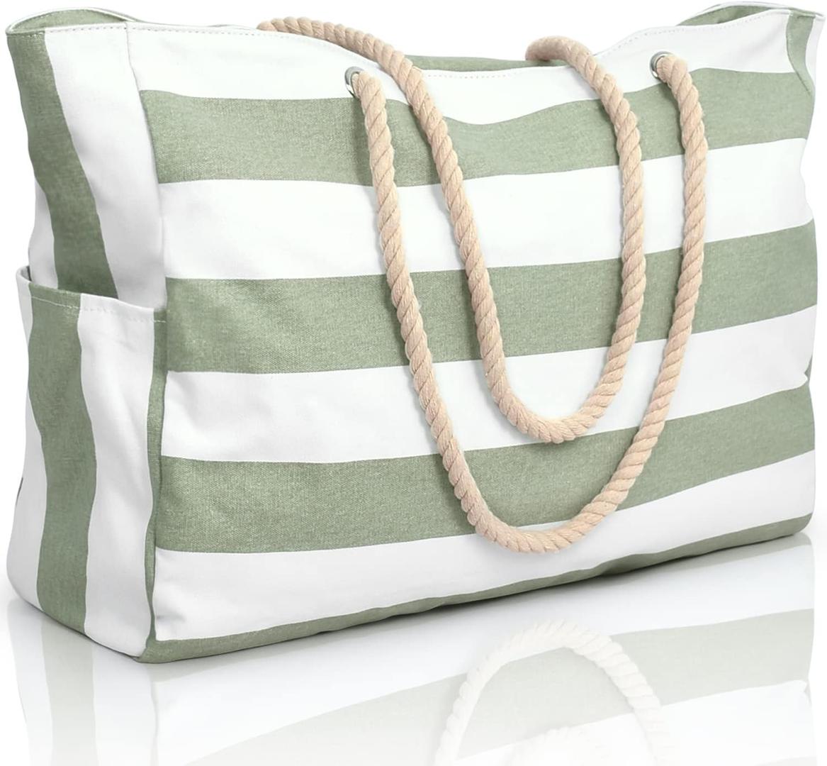 Oversize’owa, pasiasta torba plażowa z uchwytami z liny