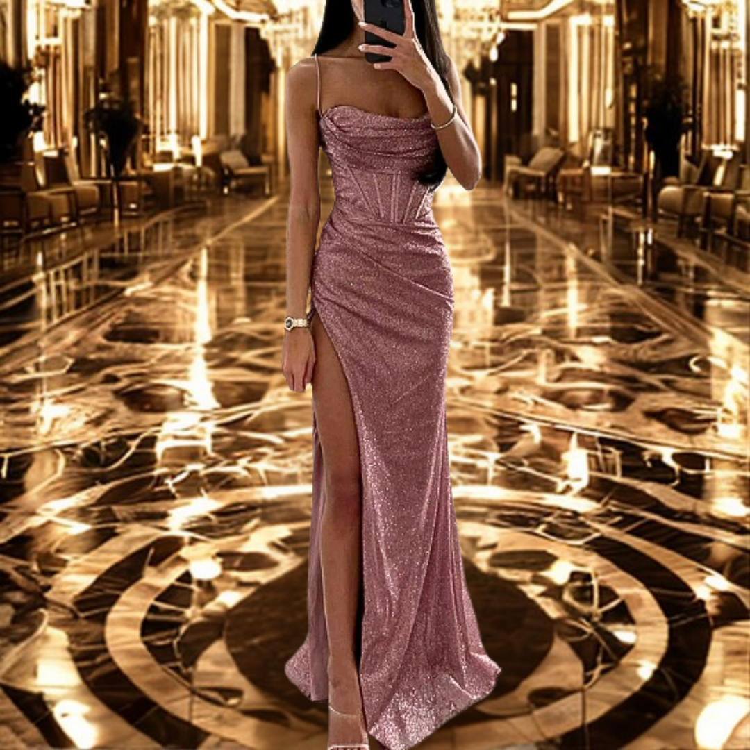 Sukienka maxi z cekinami na ramiączkach spaghetti z rozcięciem