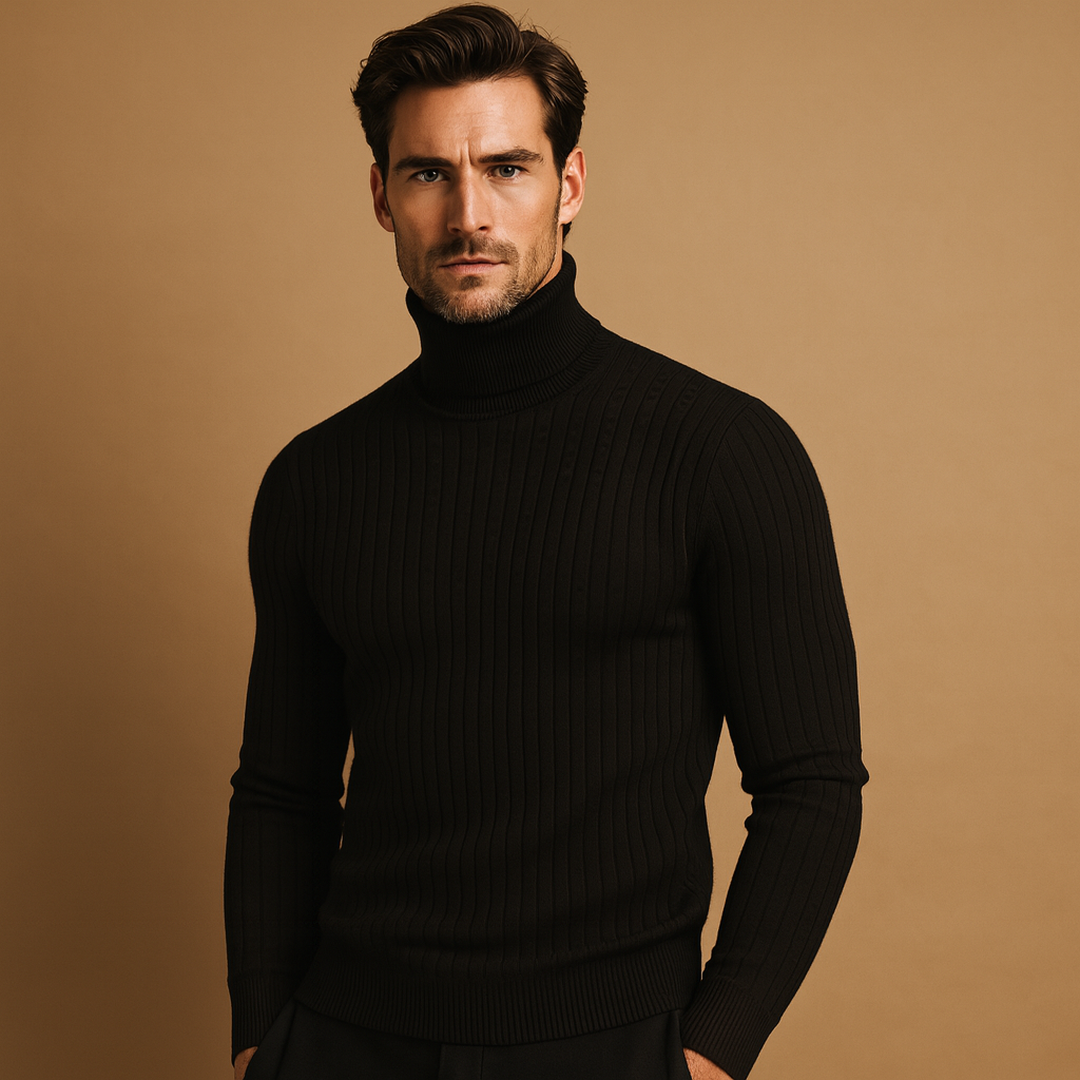 Prążkowany Dzianinowy Sweter Z Golfem – Klasyczny Sweter