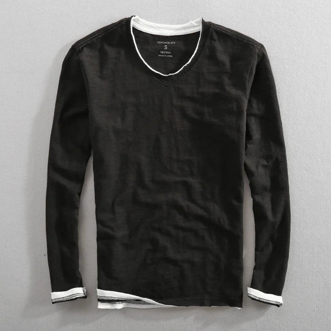 Bawełniany T-shirt z długim rękawem i dekoltem V – widok produktu 2 | Ionotix