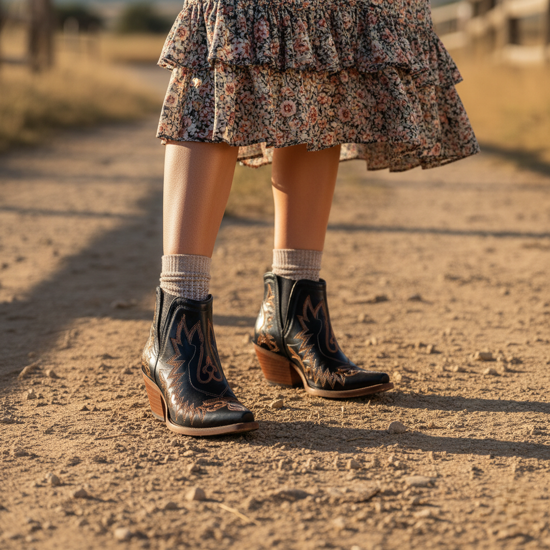 Botki w stylu western z noskiem w szpic i haftem – widok produktu 1 | Ionotix