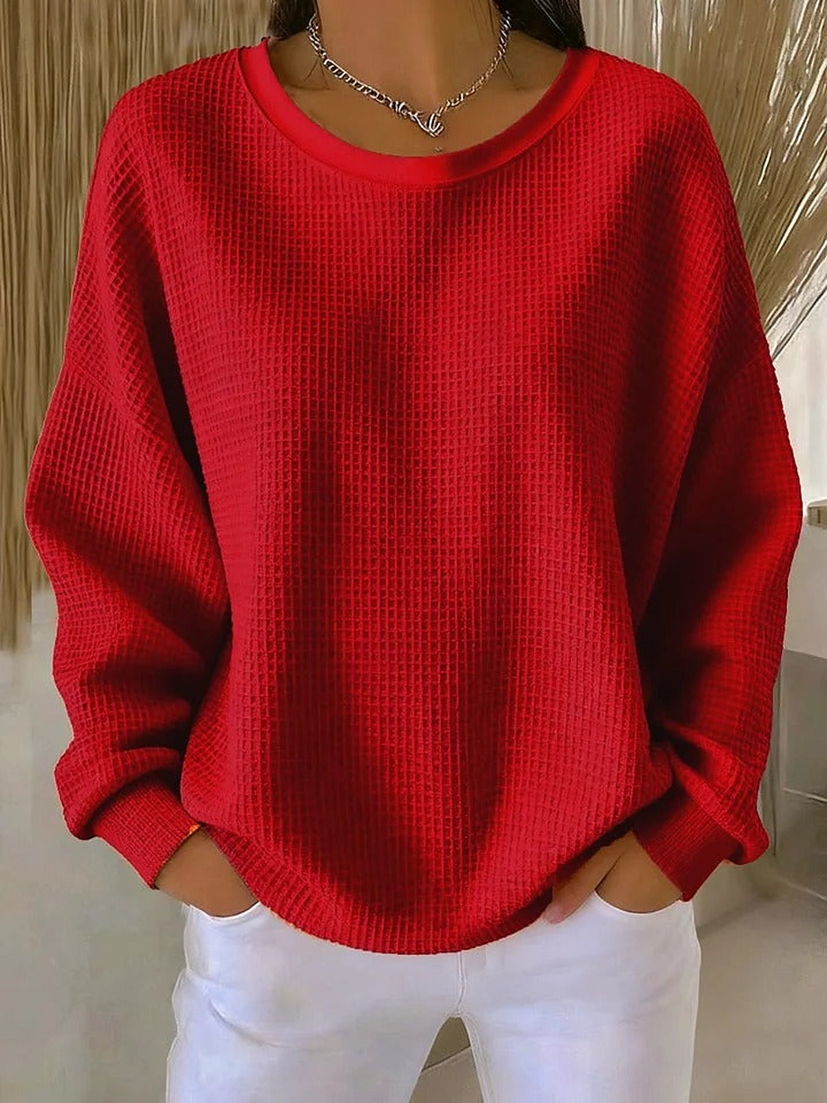 Damski sweter oversize z waflowym splotem i okrągłym dekoltem - widok produktu 2 | Ionotix
