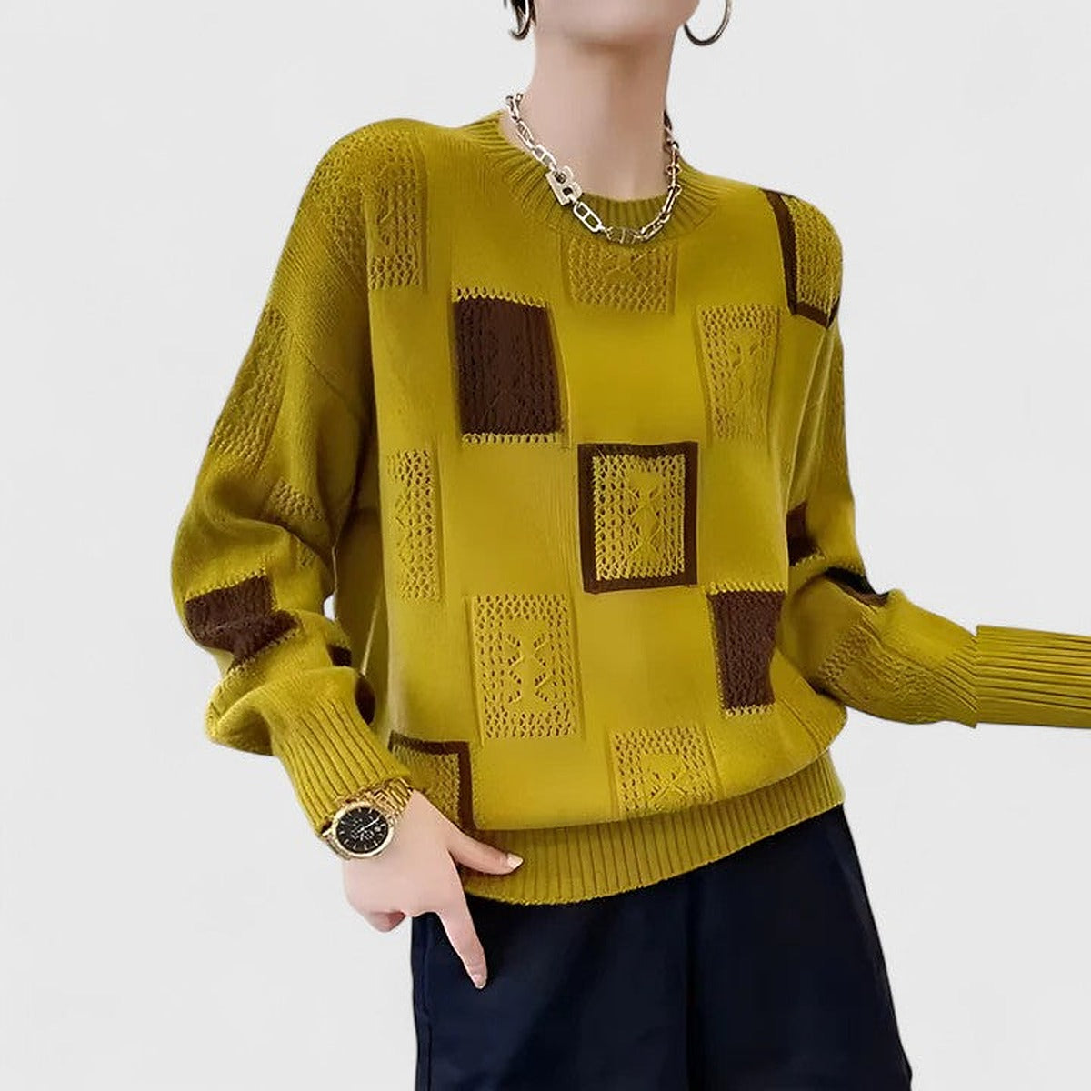 Damski sweter z ażurowymi kwadratami i okrągłym dekoltem - widok produktu 2 | Ionotix