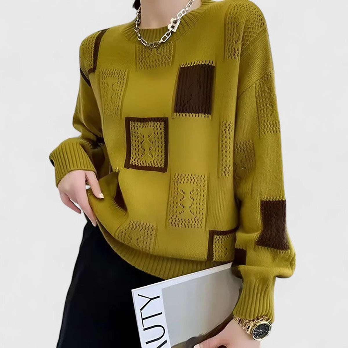 Damski sweter z ażurowymi kwadratami i okrągłym dekoltem - widok produktu 5 | Ionotix
