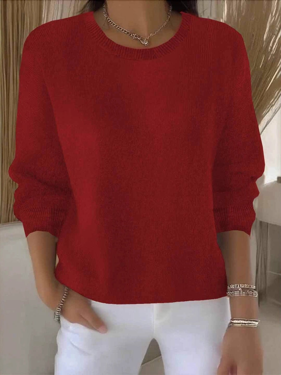 Damski sweter z dzianiny z okrągłym dekoltem i ściągaczami - widok produktu 10 | Ionotix