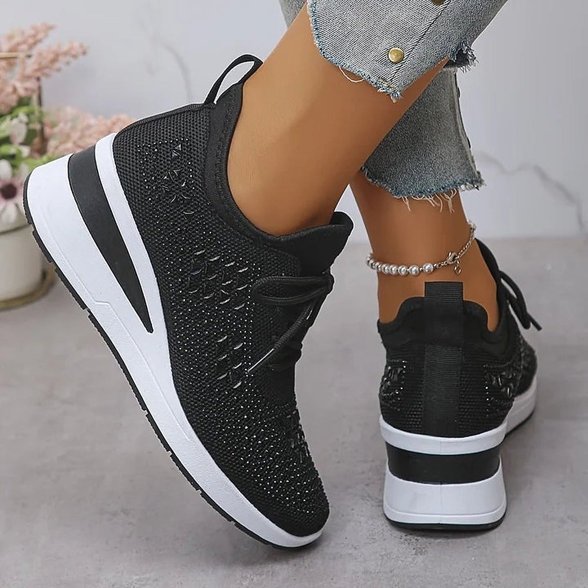 Damskie dzianinowe sneakersy na koturnie z cyrkoniami - widok produktu 3 | Ionotix