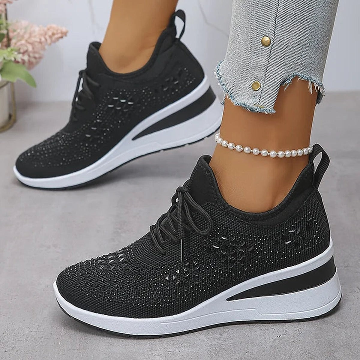 Damskie dzianinowe sneakersy na koturnie z cyrkoniami - widok produktu 4 | Ionotix