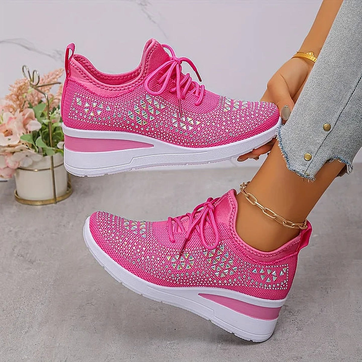 Damskie dzianinowe sneakersy na koturnie z cyrkoniami - widok produktu 10 | Ionotix